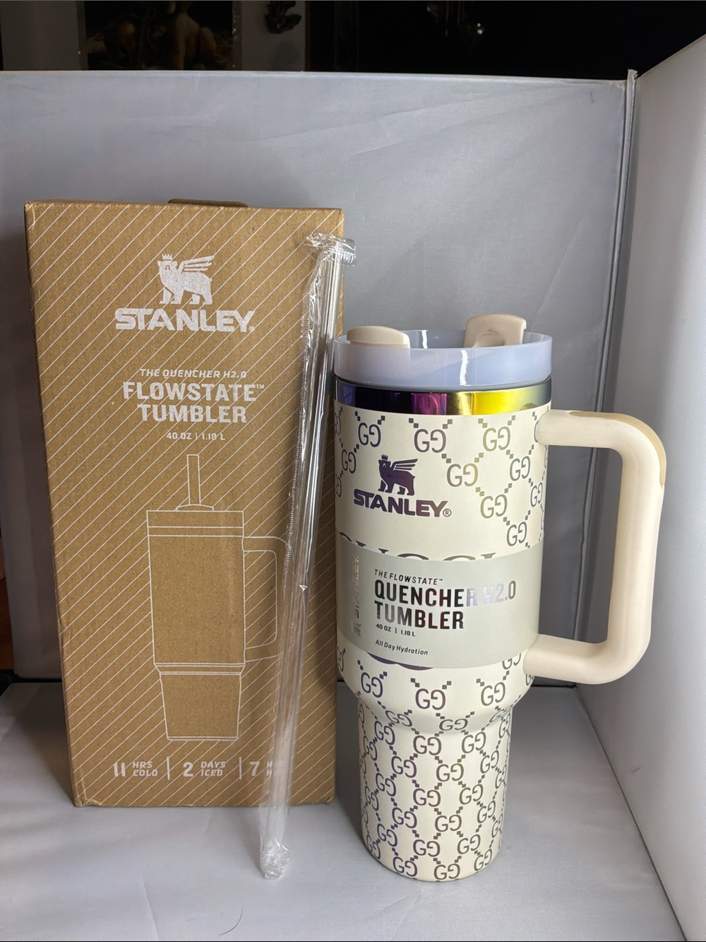 Stanley White Tumbler with Iridescent Rainbow Accent